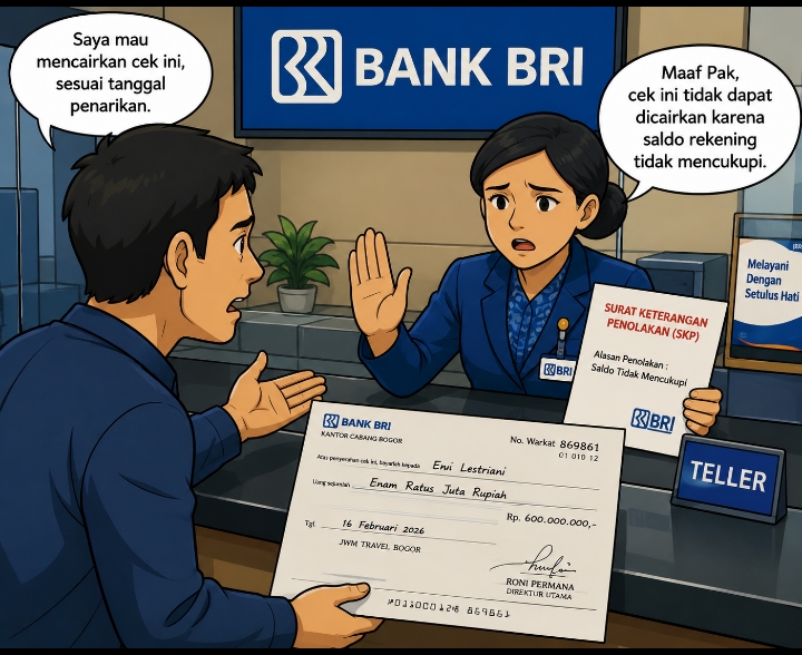 DIDUGA PENIPUAN BERMODUS PEMBAYARAN MENGGUNAKAN CEK, INVESTOR GAGAL MENCAIRKAN WARKAT SENILAI Rp600 JUTA; PERKARA BERLANJUT KE JALUR HUKUM