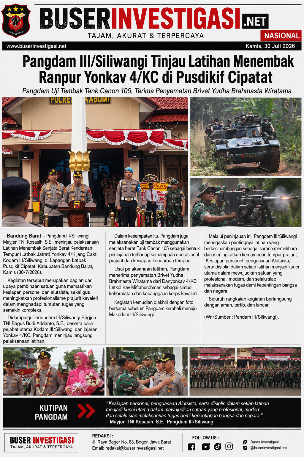 Pangdam III/Siliwangi Tinjau Latihan Menembak Ranpur Yonkav 4/KC di Pusdikif Cipatat